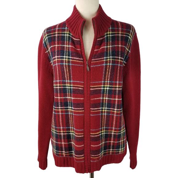 Eddie Bauer Red Blue White Yellow Plaid Lambswool Vintage Cardigan Sweater Large - Picture 1 of 5